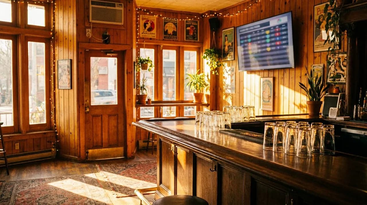 Park Slope corner bar with honey wood paneling, golden sunlight, polished counter with empty highball glasses, and mounted TV showing a generic leaderboard.