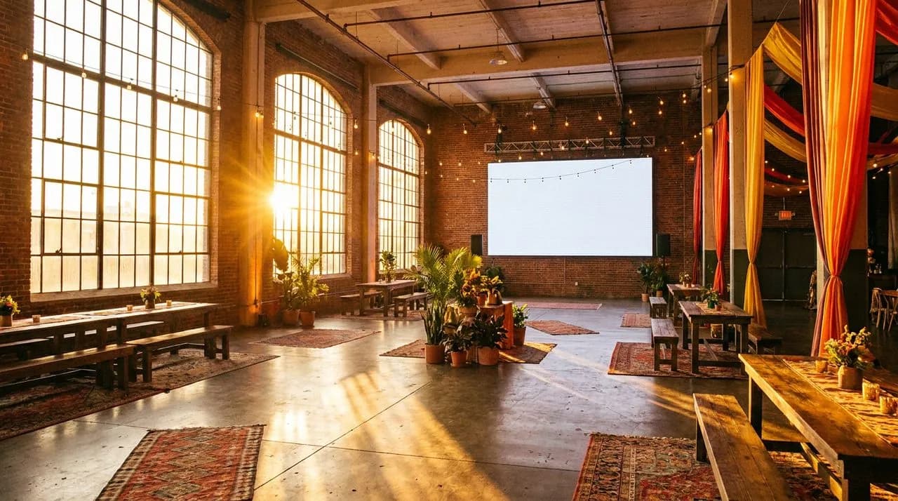 Bright Brooklyn warehouse interior with industrial windows, polished concrete floor, and large LED screen at golden hour.