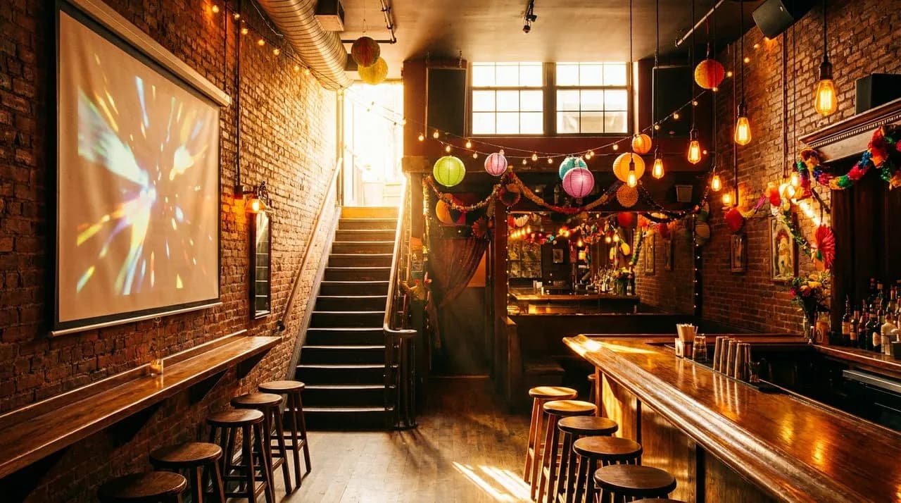 East Village underground bar interior at golden hour with exposed brick, vintage projector screen, and warm amber lighting.