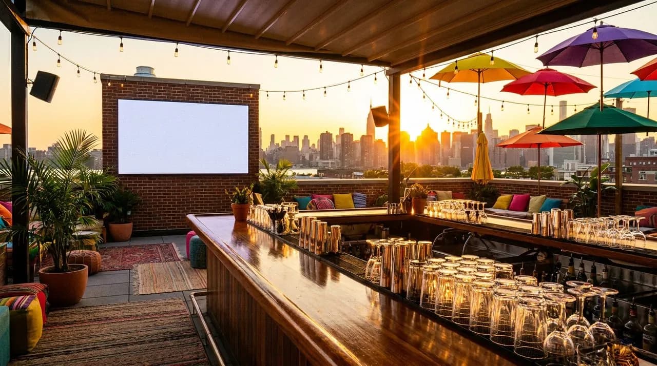 Williamsburg rooftop bar at late afternoon with Manhattan skyline silhouette, blank LED screen, and warm golden lighting.