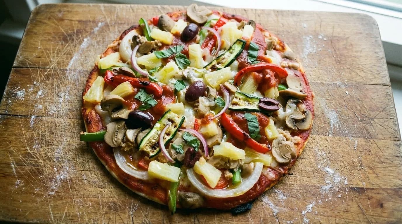 A vegetable pizza without cheese on a wooden board