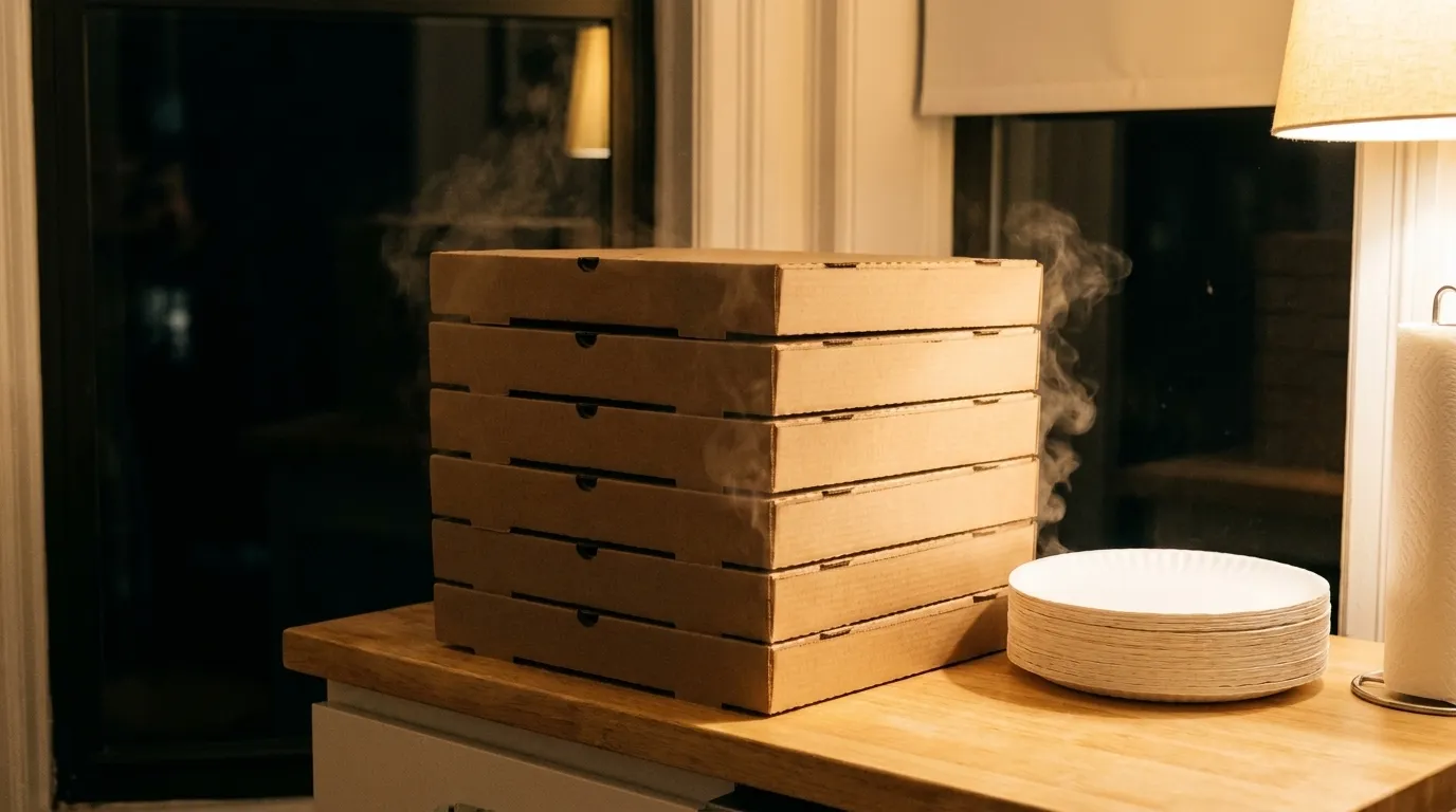 A stack of plain pizza boxes on a counter
