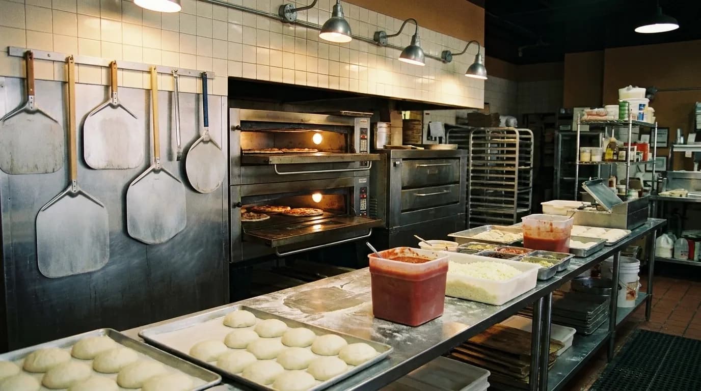 A pizzeria kitchen with ovens and a preparation counter