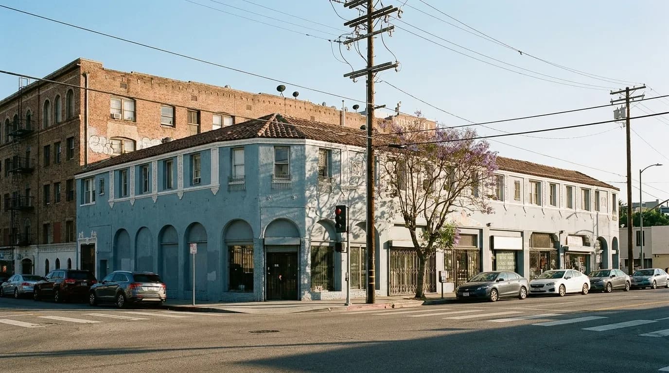 A Los Angeles neighbourhood street corner with small shopfronts