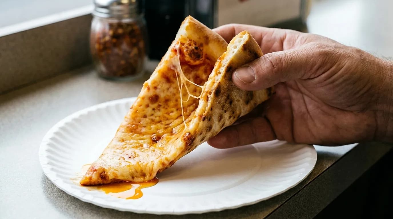 A folded slice of cheese pizza held over a paper plate