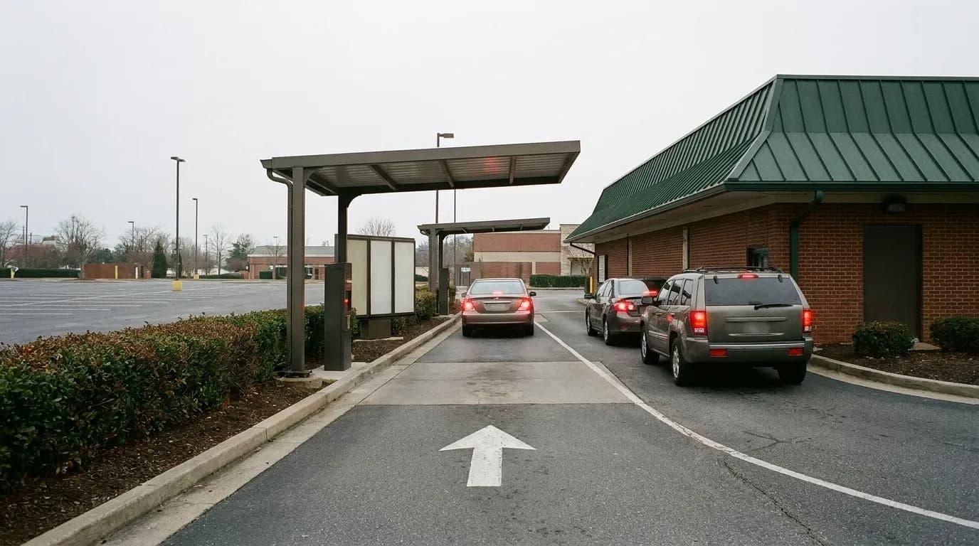 A drive-through lane at a roadside restaurant with a canopy