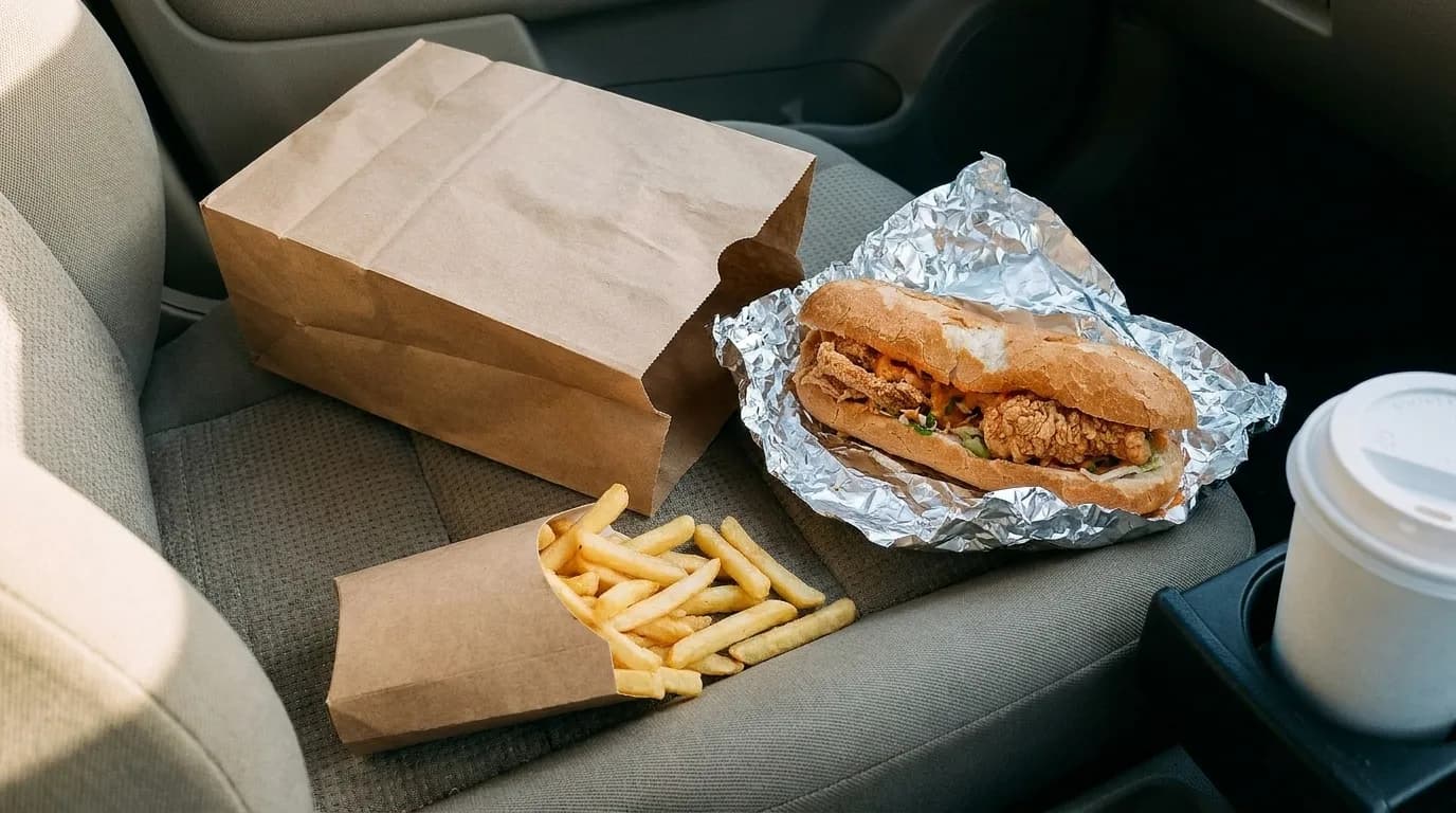 A paper bag and a burger on a car tray