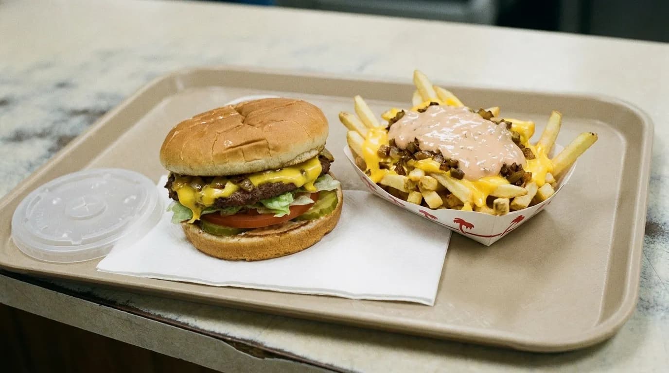 A burger and fries on a tray under flat light