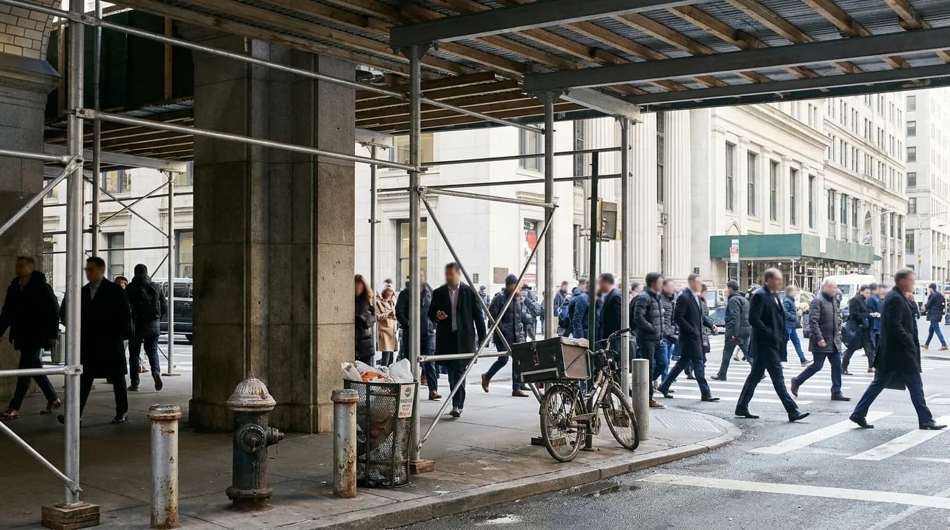 A New York street corner with pedestrians in daytime
