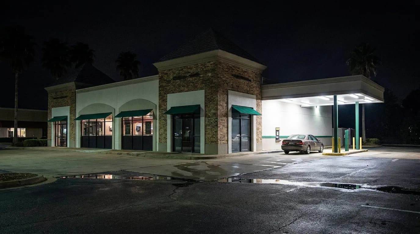 A lit roadside restaurant with a drive-through lane at night