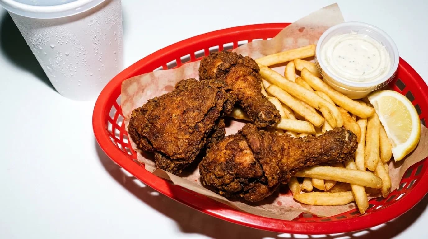 A basket of fried chicken and fries on a counter