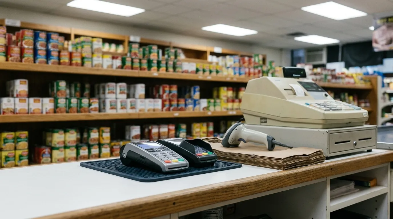 A shop counter with a card terminal and a register