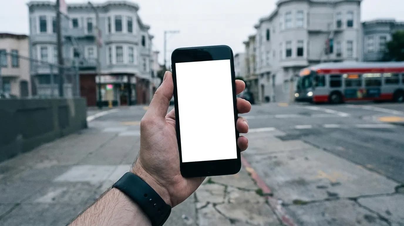 A hand holding a phone on a city street