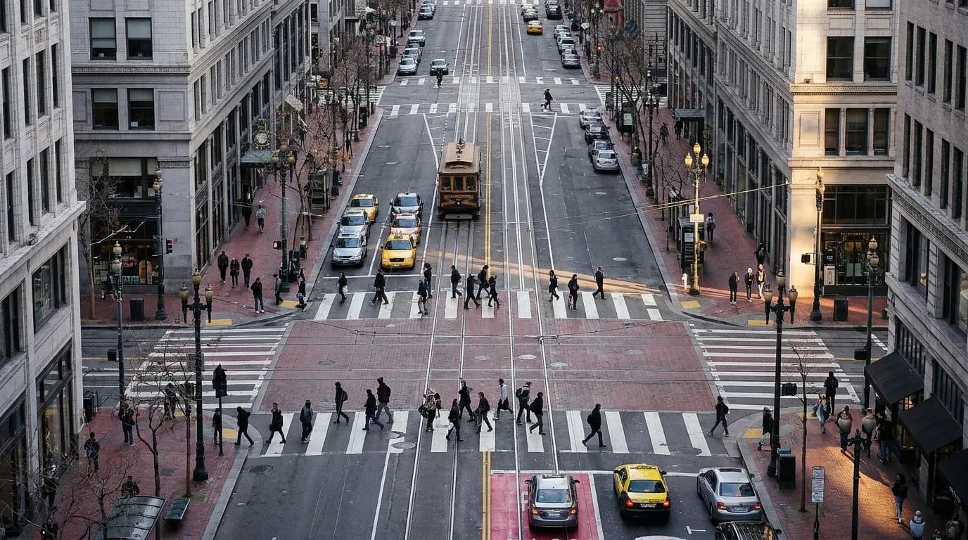 A San Francisco downtown street with pedestrians and traffic