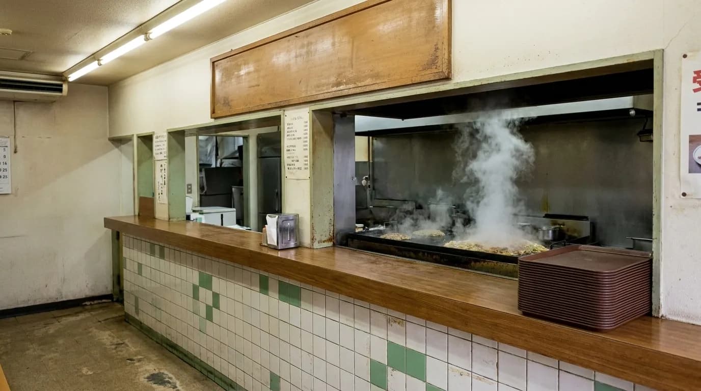 A small takeaway counter interior with a service window