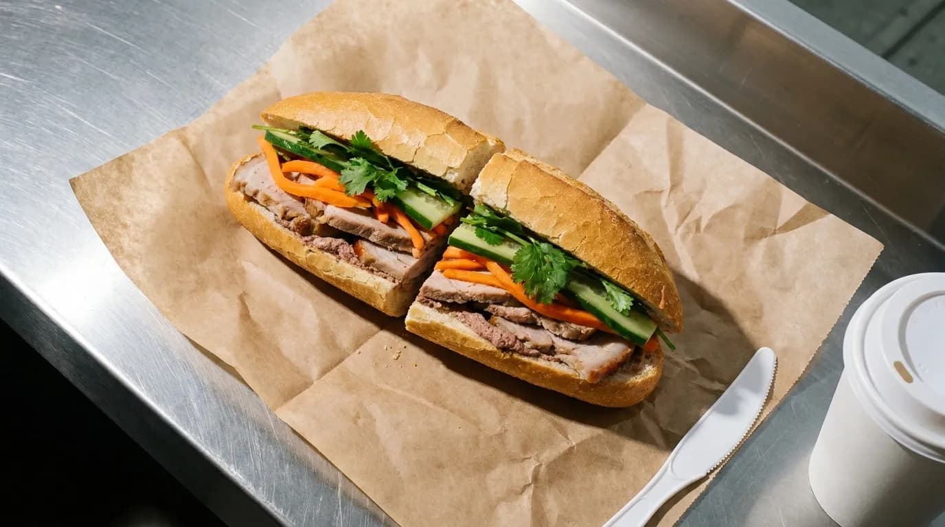 A sandwich cut in half on paper at a counter