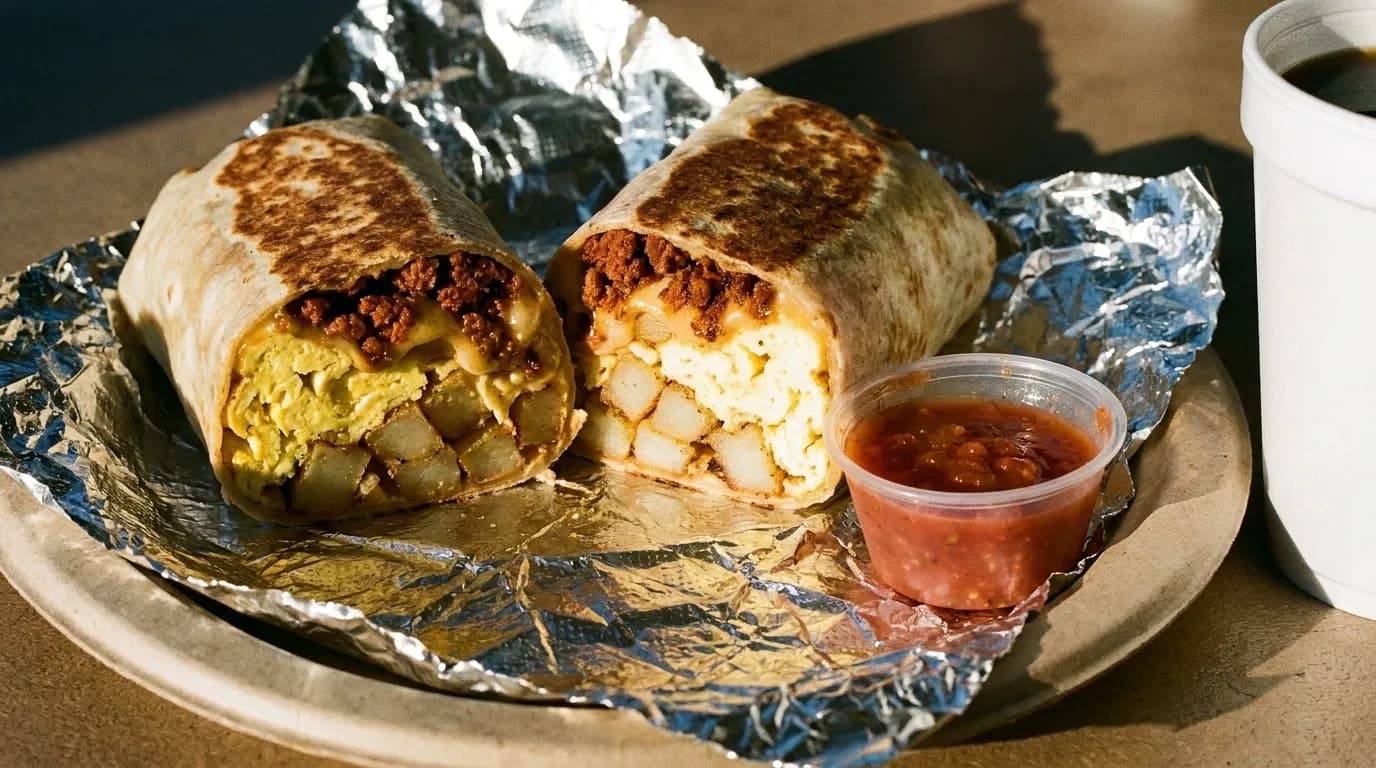 A breakfast burrito cut open on paper