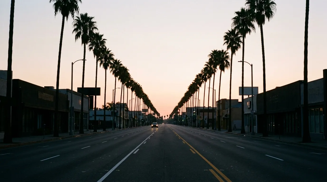 A Los Angeles boulevard just after sunrise with empty lanes