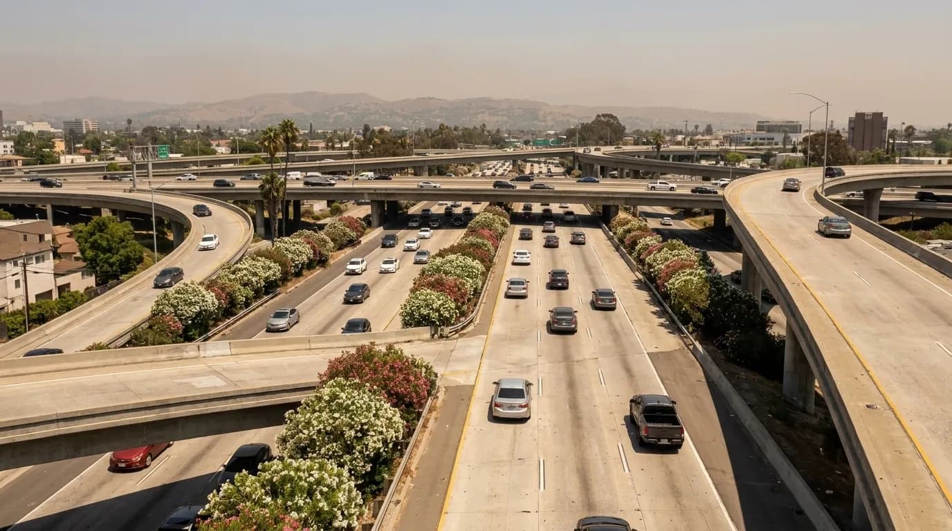 A California freeway interchange with traffic in daylight