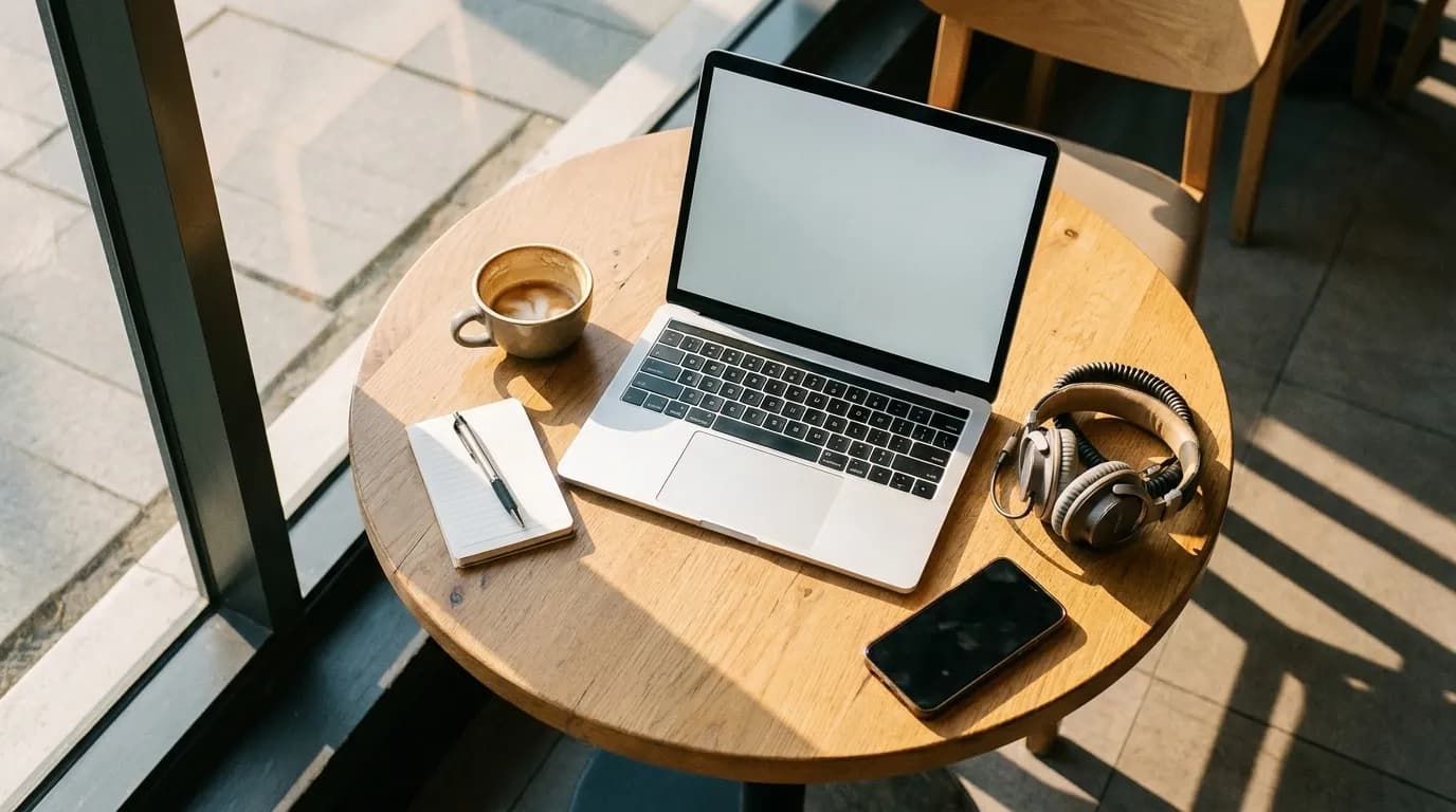 A cafe table with an open laptop, a notebook and a coffee