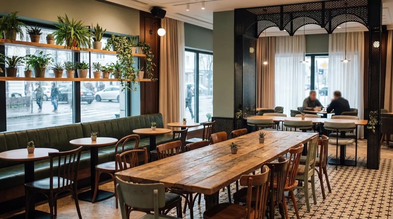A cafe interior with a long shared table and window light