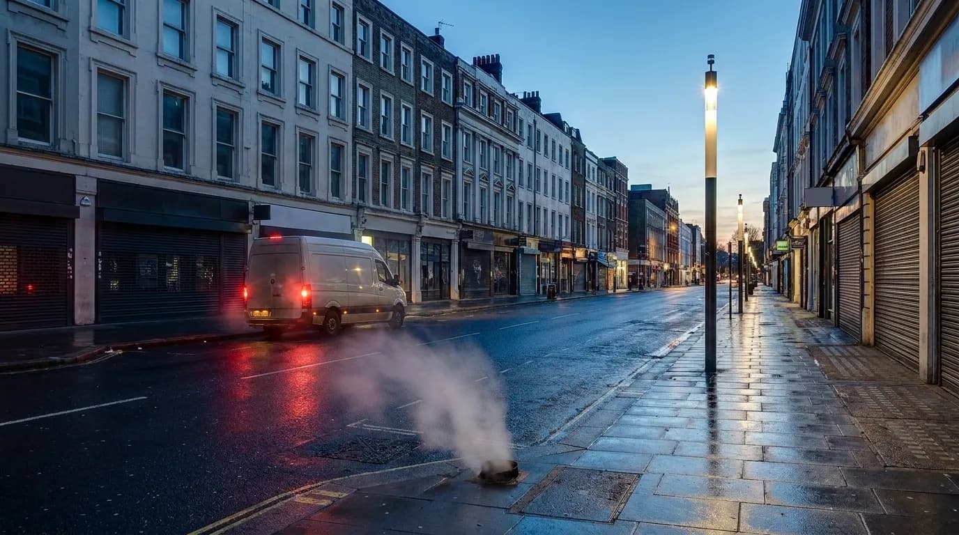 A city street before dawn with shuttered shopfronts and street lamps on
