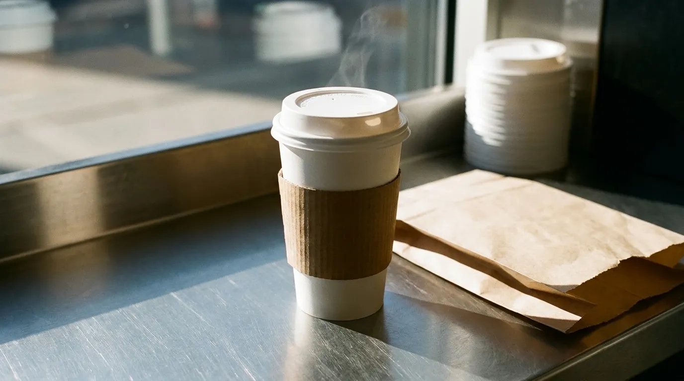 A plain takeaway coffee cup with a lid on a counter