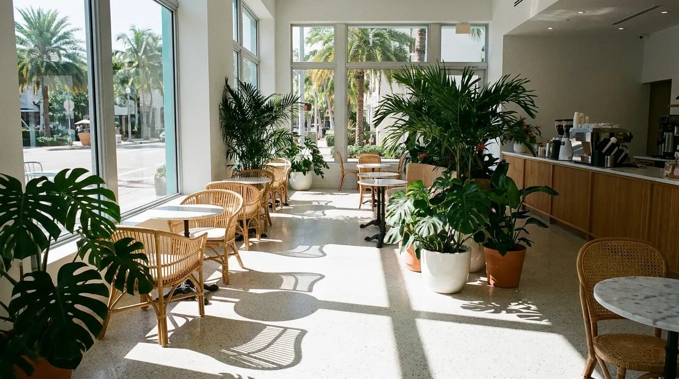 A bright Miami cafe interior with plants and terrazzo floor