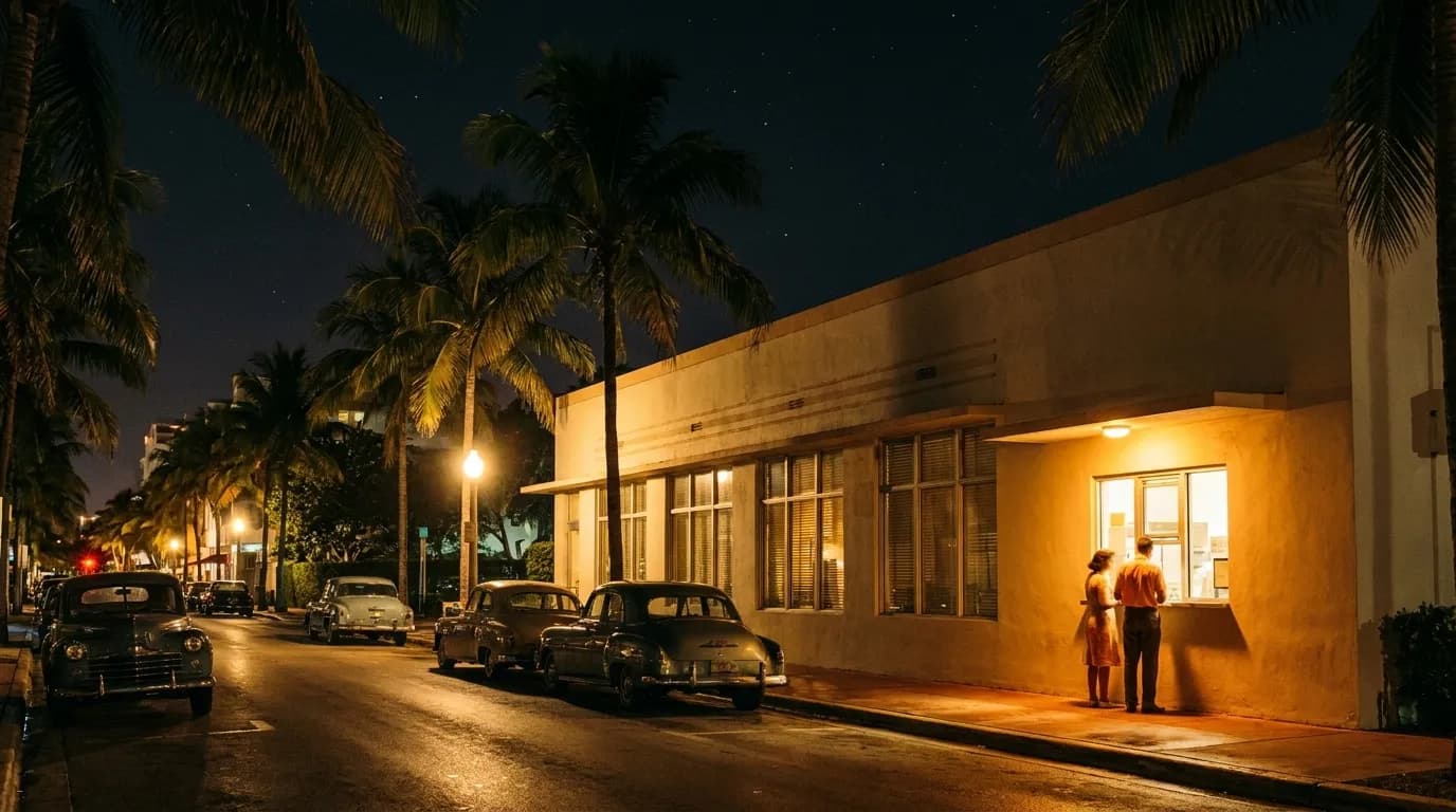 A Miami street at night with a lit walk-up window on a cafeteria