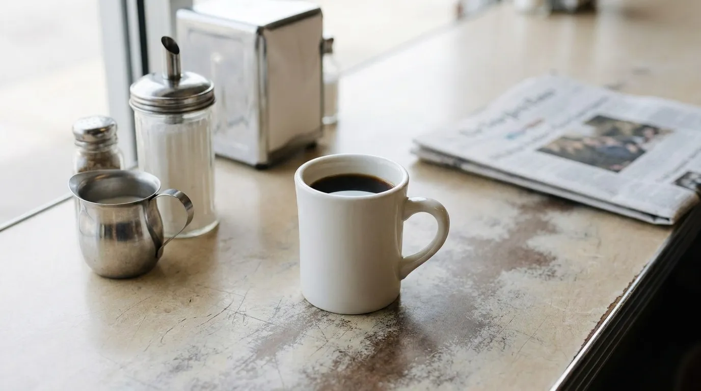 A plain mug of filter coffee on a worn diner counter