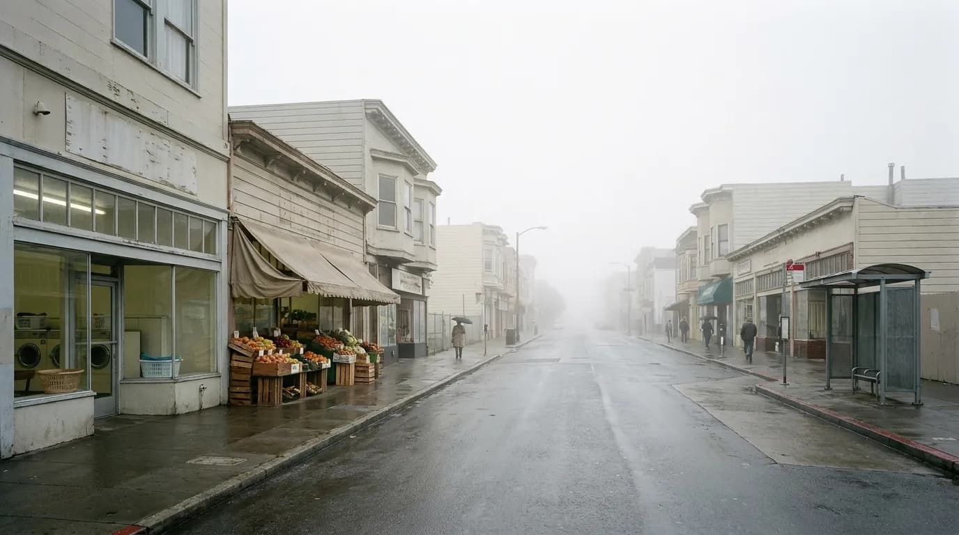 An outer San Francisco shopping street on a foggy morning