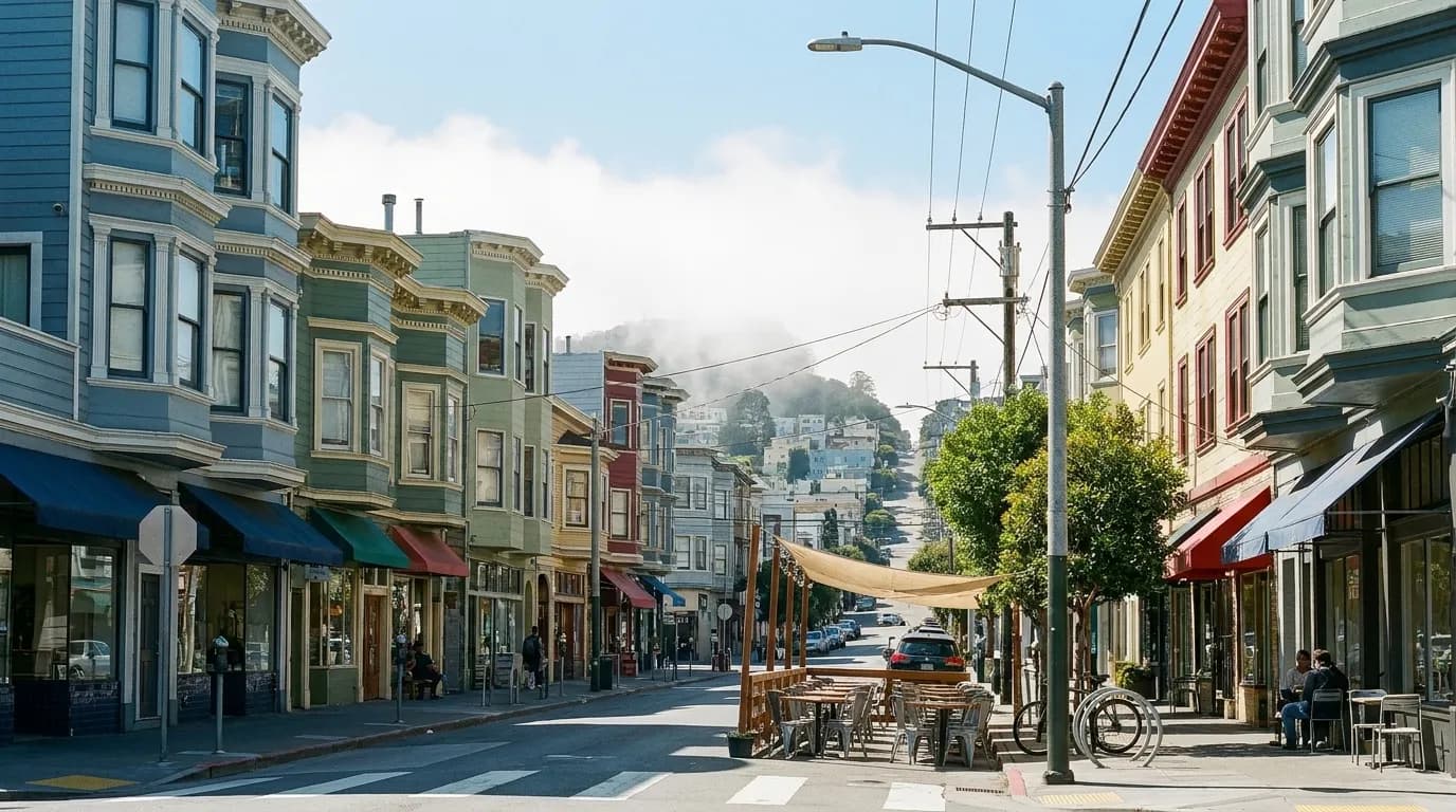 A San Francisco neighbourhood street with pavement tables and shopfronts