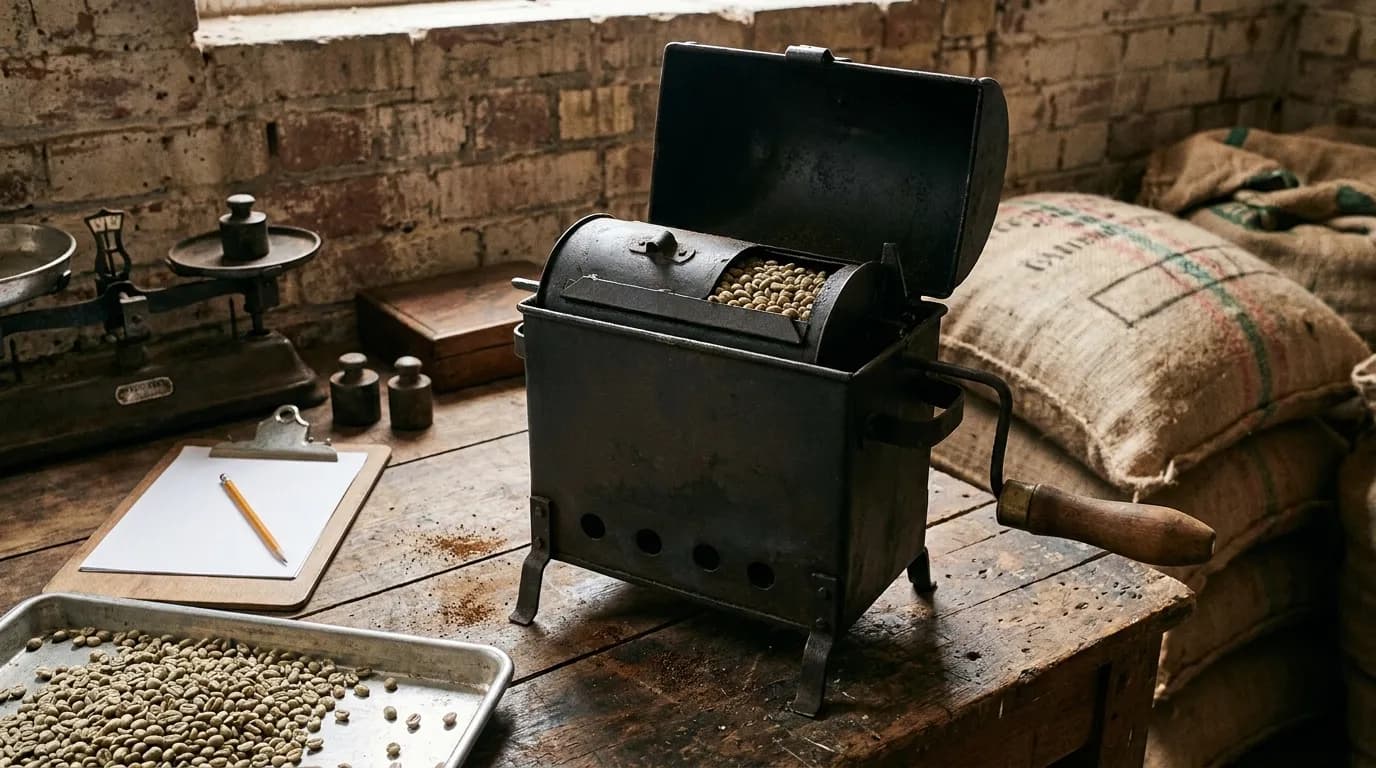 A small coffee roasting drum with sacks of green beans