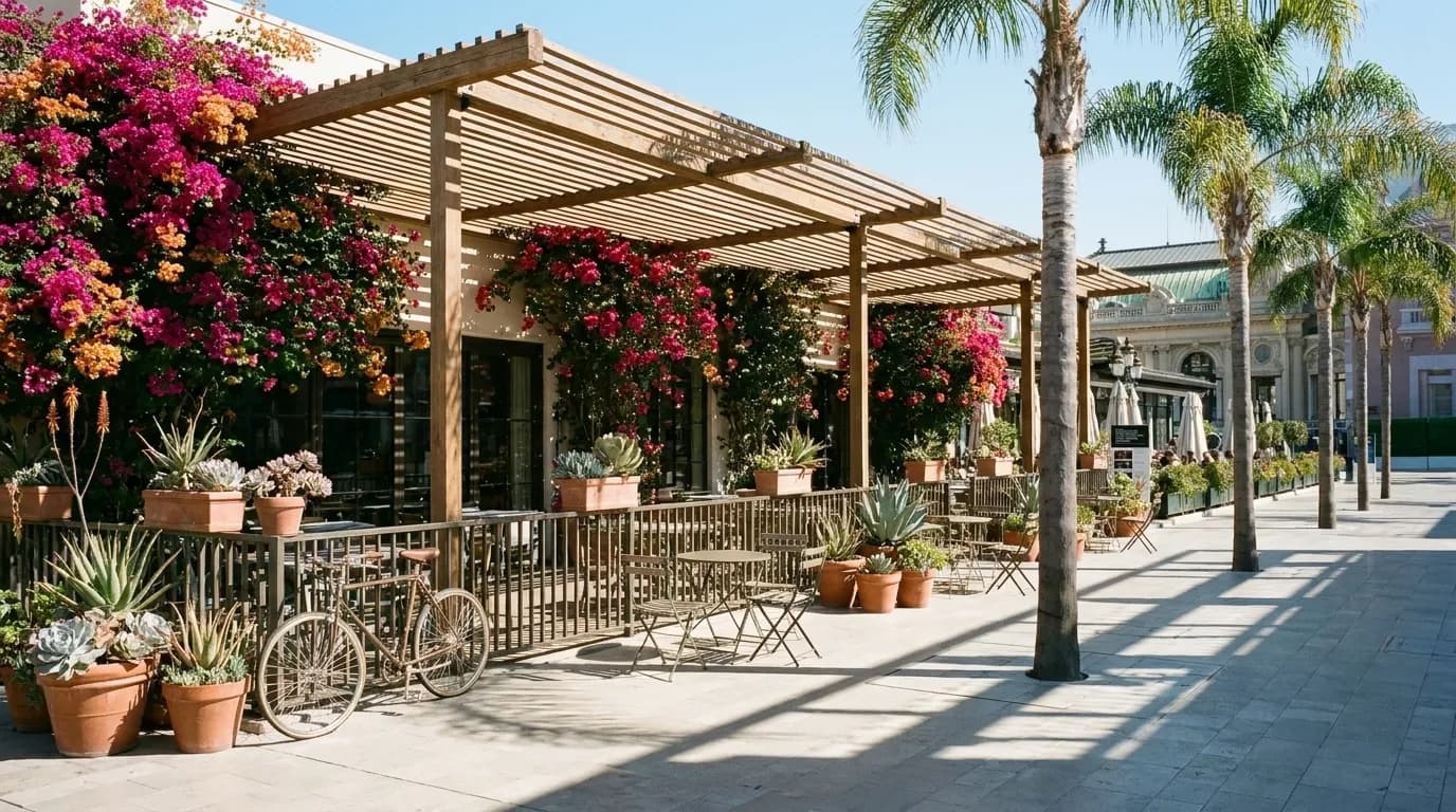 A Los Angeles cafe patio with metal tables under a slatted pergola