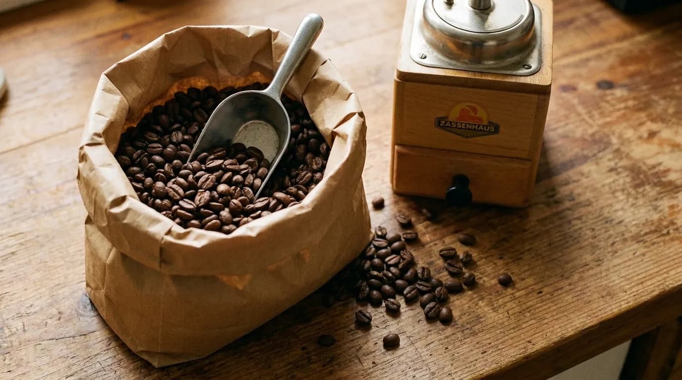 An open bag of roasted coffee beans with a metal scoop