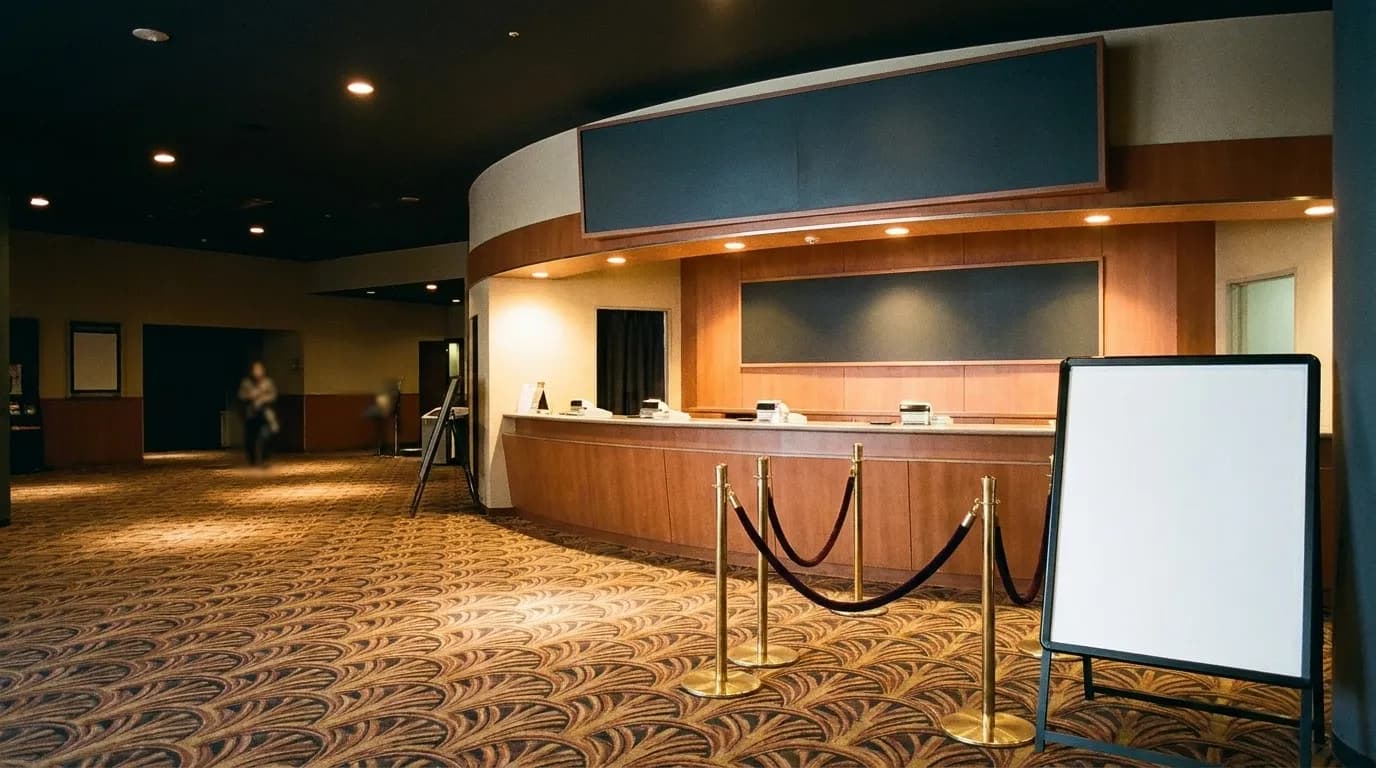 A cinema lobby with a ticket counter on a quiet afternoon