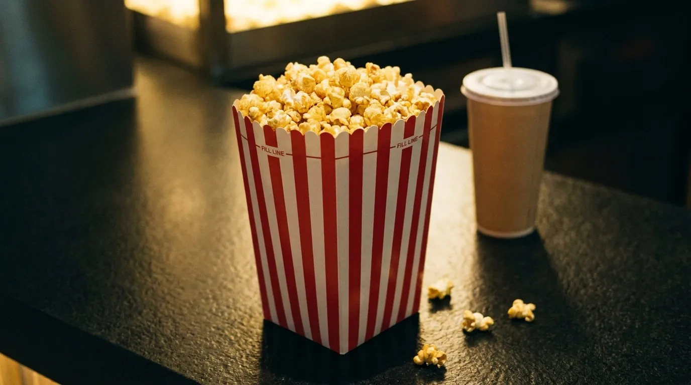 A striped popcorn carton on a concession counter