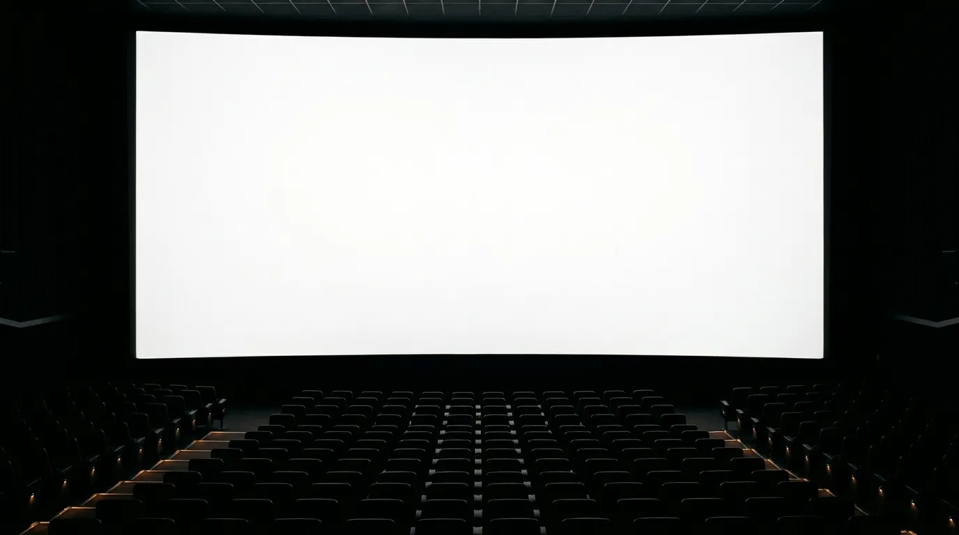 A very large cinema screen seen from the back of a raked auditorium