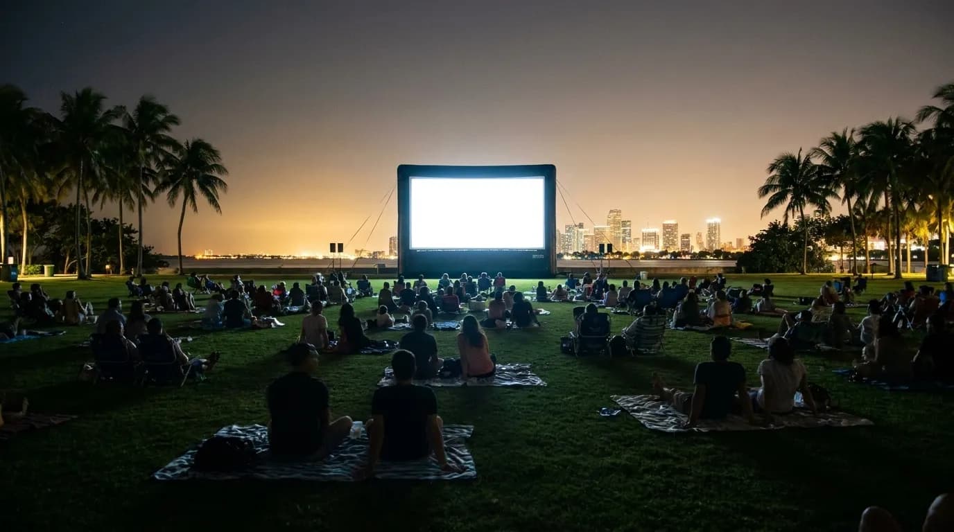 An outdoor cinema screen in a park at night with an audience on the grass