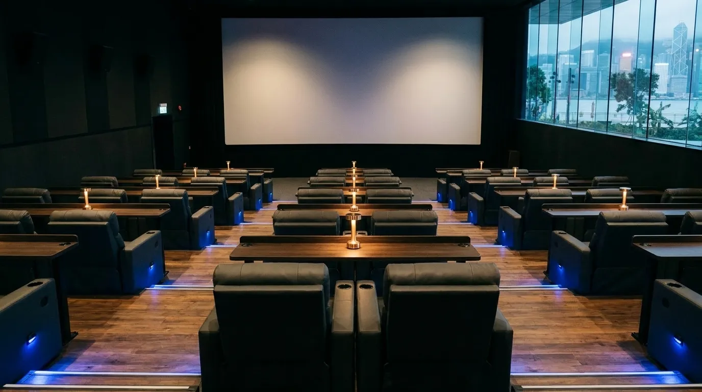 Cinema seating with small tables between reclining seats