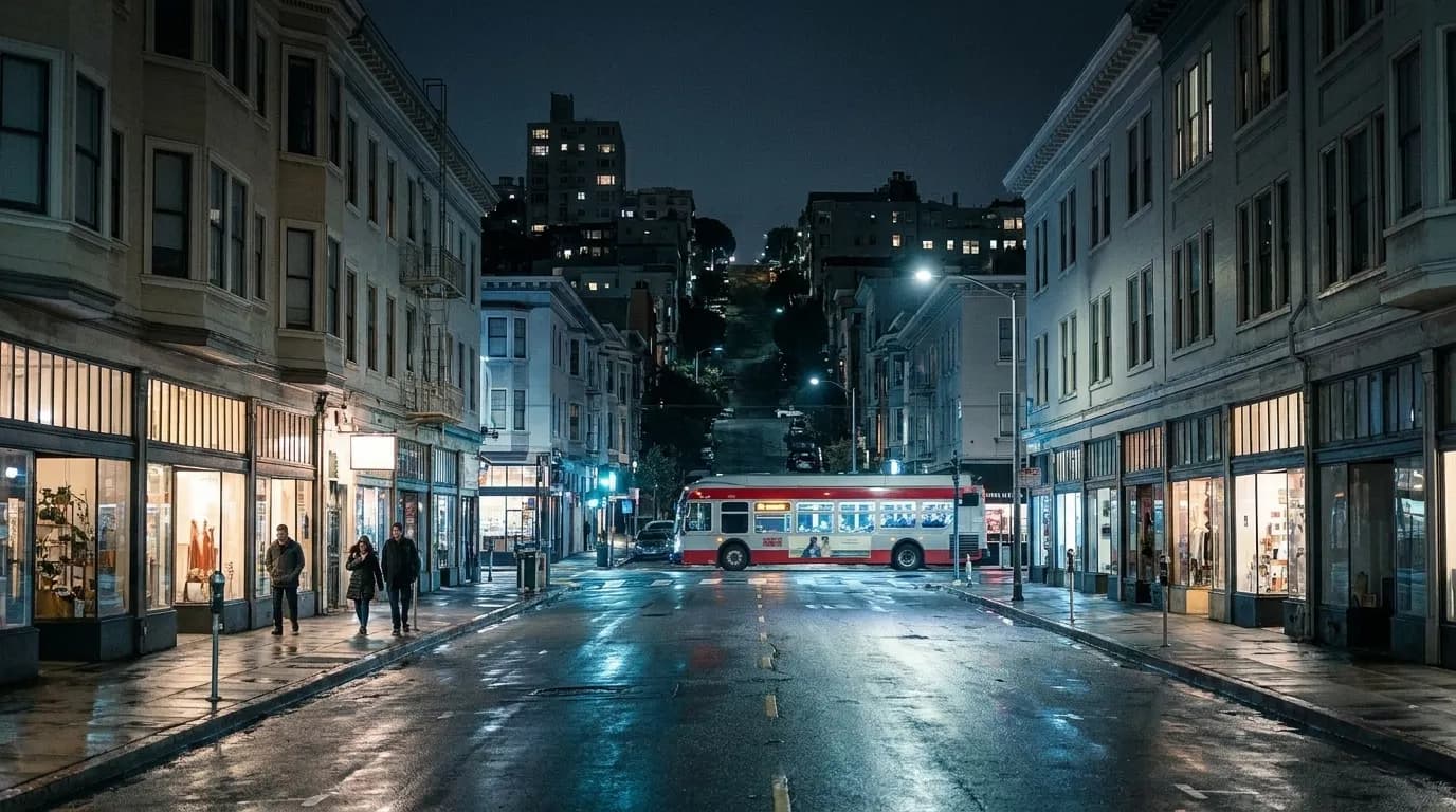 A San Francisco street at night with lit shopfronts