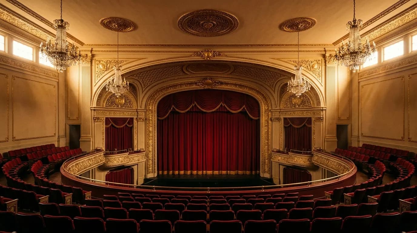 An ornate historic cinema interior with balcony seating