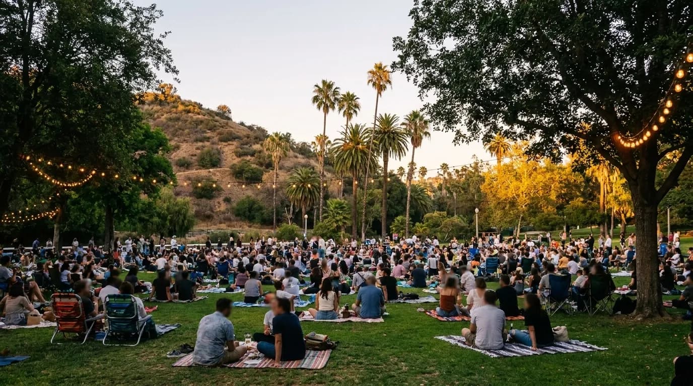 A crowd on a park lawn at an evening outdoor screening