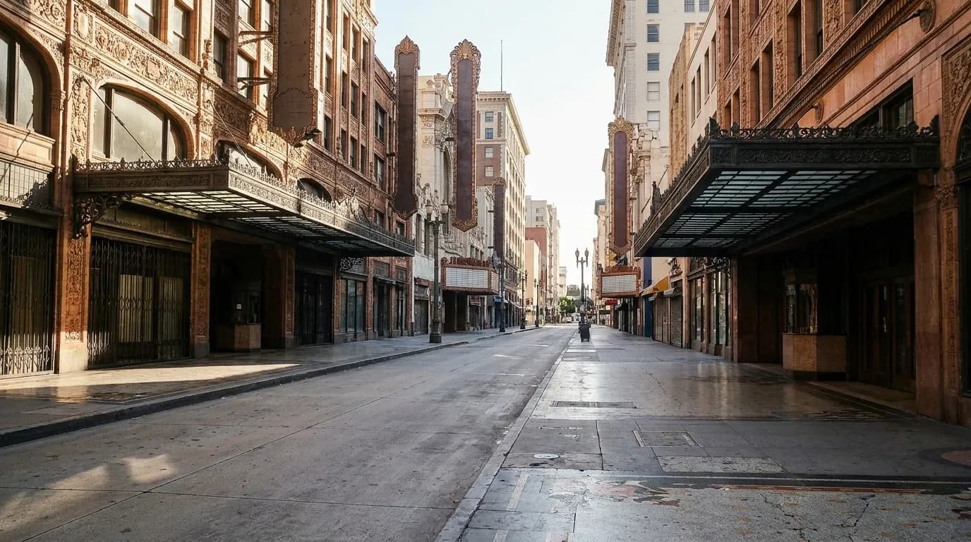 A downtown Los Angeles street with historic theatre buildings