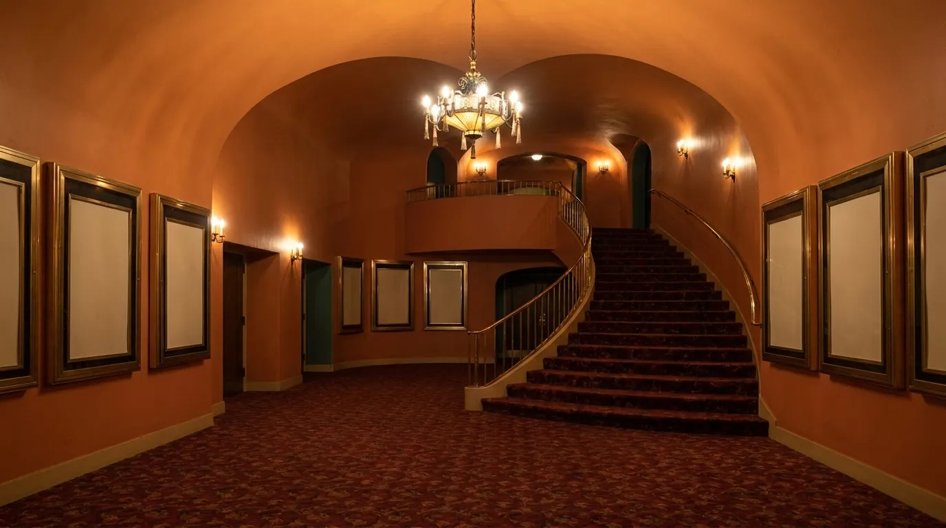A cinema lobby interior with patterned carpet and a staircase