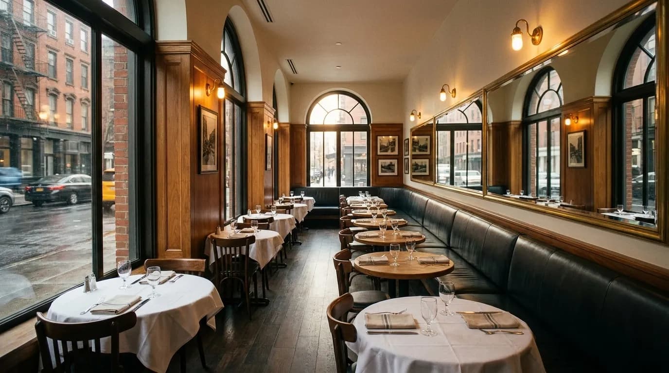 A New York restaurant dining room with banquette seating
