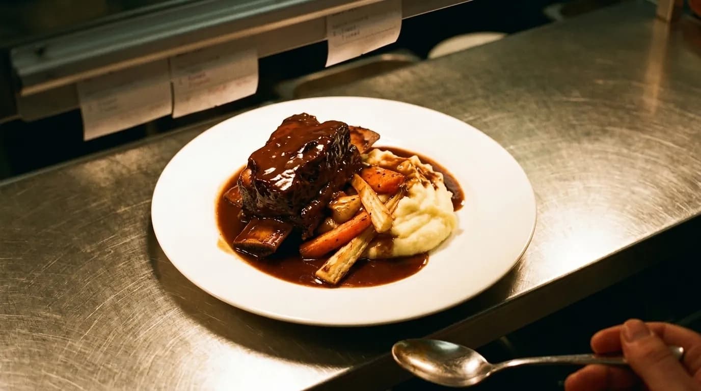 A braised dish plated at a restaurant pass