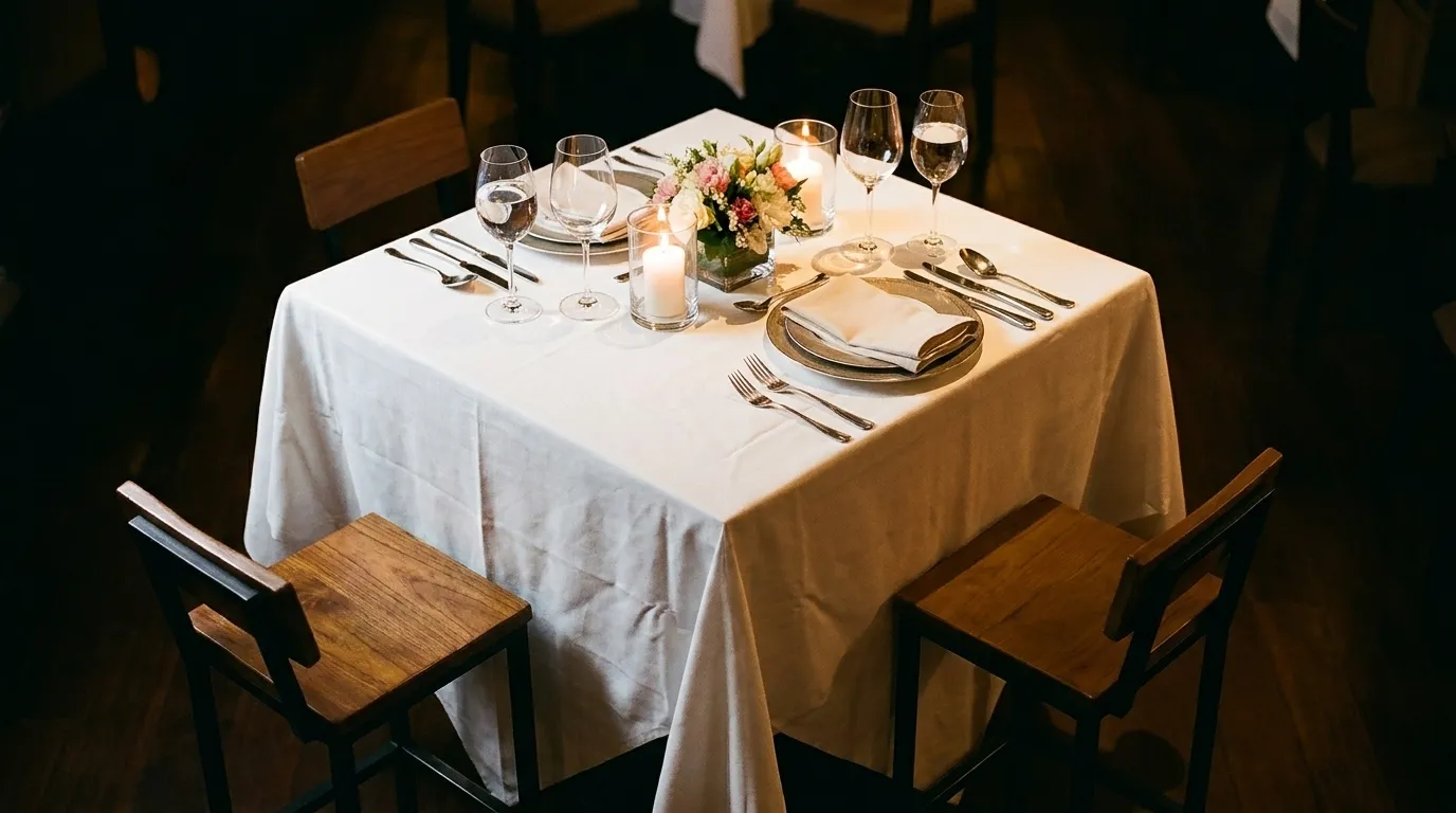 A formal restaurant table setting with candles and glassware