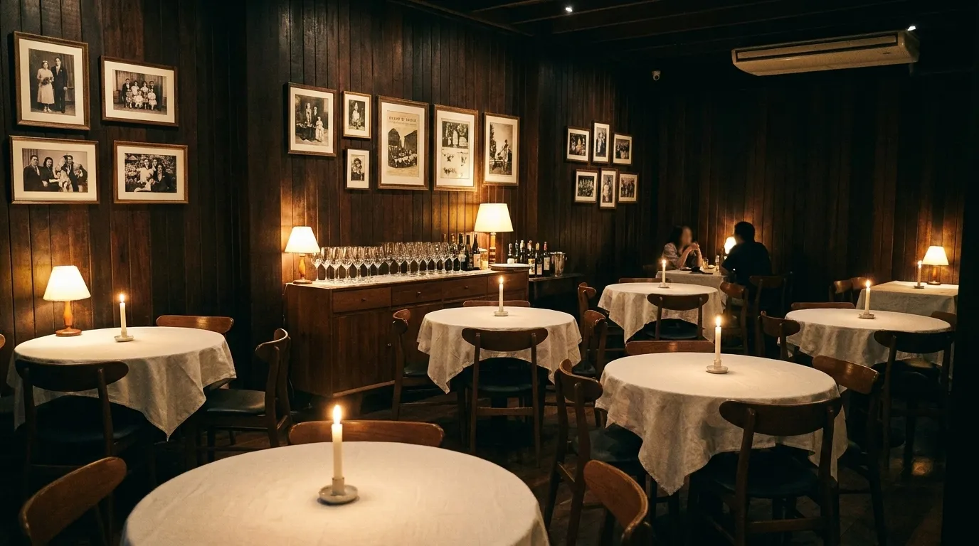 A small candlelit restaurant interior with a few tables