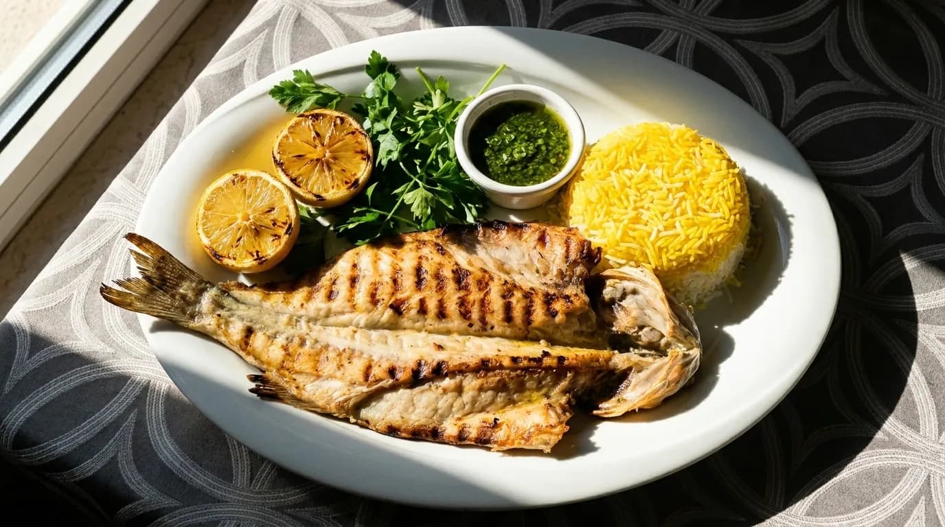 A plate of grilled fish with lemon and rice